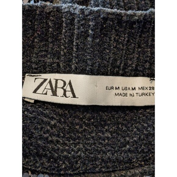 Zara Sequin Embellished Chenille Sweater Womens Medium Black Cropped Long Sleeve - Picture 6 of 6